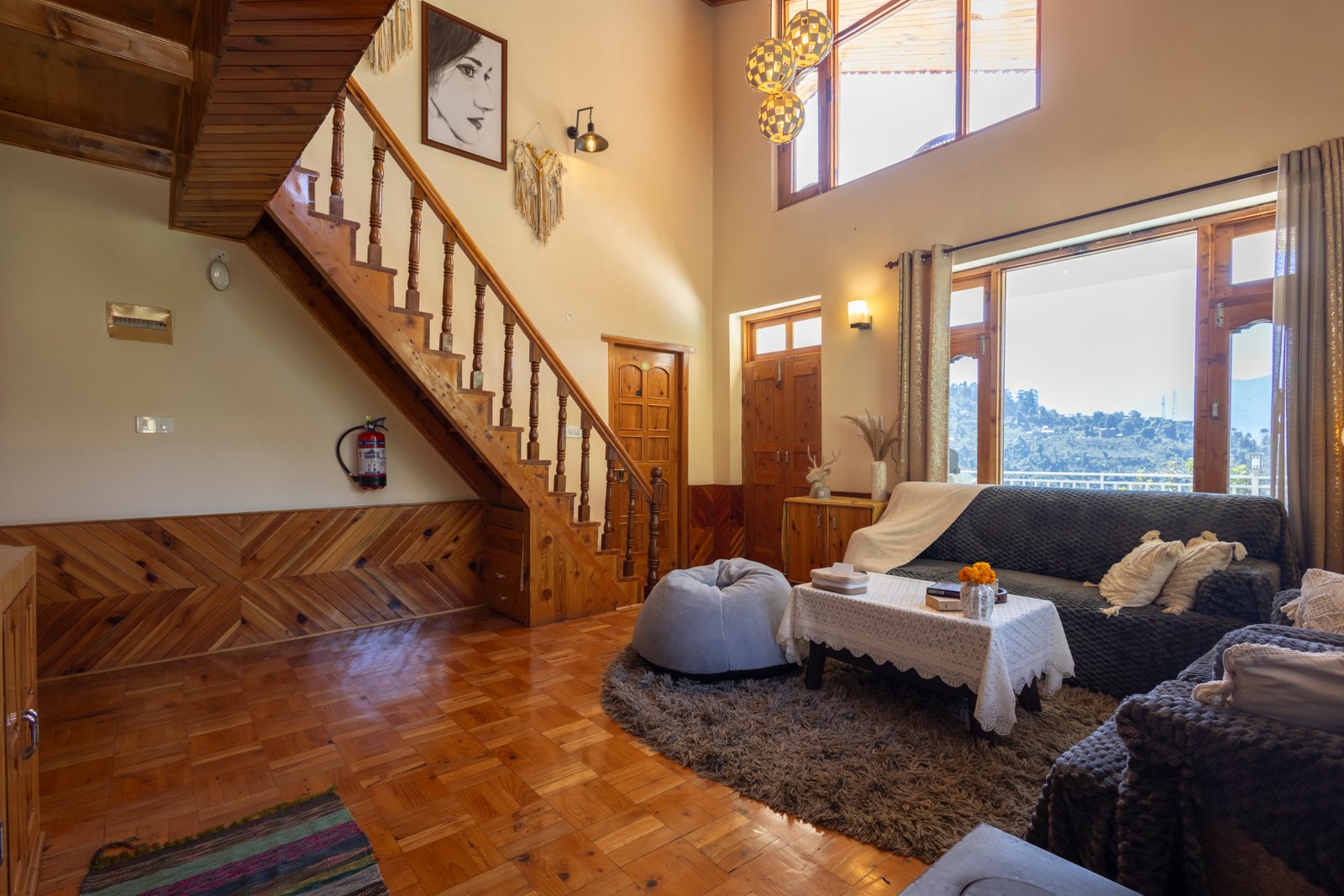 Cozy wooden interiors and seating